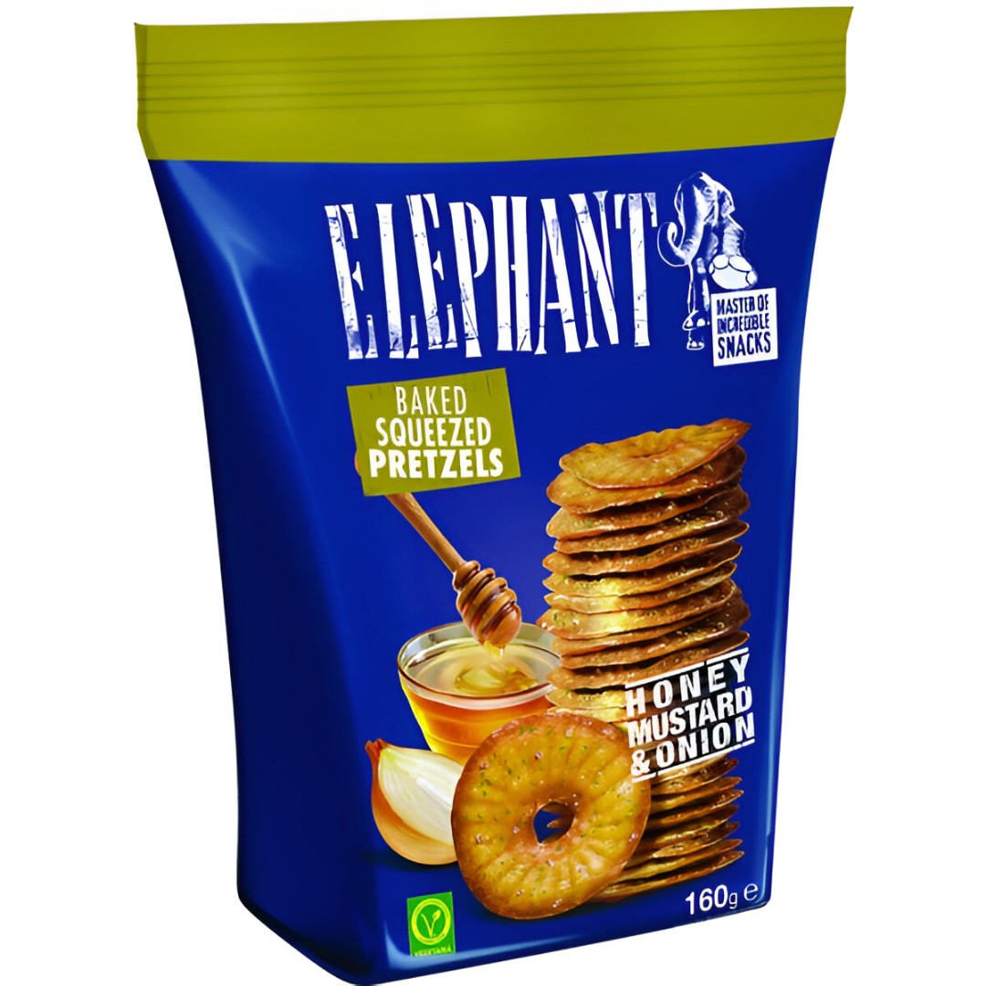 Pretzels Mostaza, Miel y Cebolla Elephant 80g - ¡Mmmm! | Oksuper